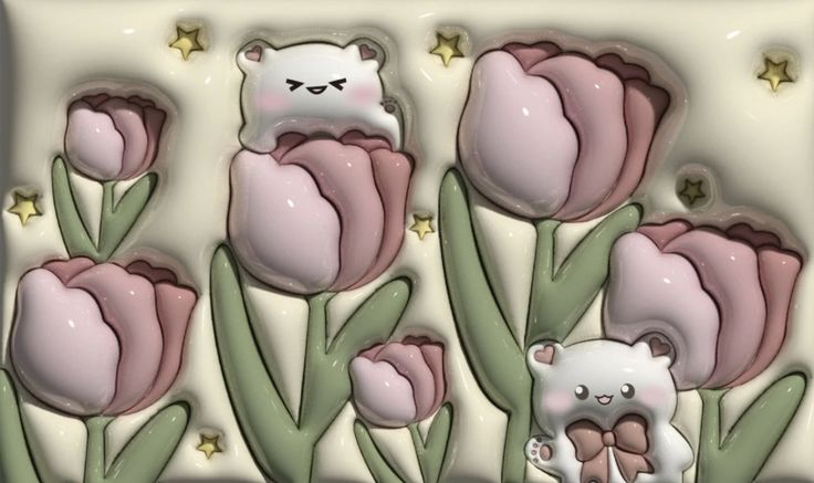 there are pink flowers and two white bears in front of the flower stems with stars on them