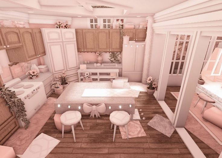 Asthetic Bloxburg Kitchen, Danish Pastel Kitchen Bloxburg, Kitchen Interior Bloxburg, Cozy Kitchen Bloxburg, Croquette Bloxburg House, Blush Kitchen Bloxburg, Bloxburg Cottage Kitchen, Bloxburg Spring House Interior, Cute Bloxburg Kitchen Ideas