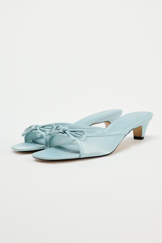 HEELED MULES WITH BOW - Blue | ZARA United States Blue Kitten Heels For Evening In Spring, Blue Kitten Heels For Spring Evening, Blue Kitten Heels For Summer Evenings, Light Blue Pointed Toe Sandals For Spring, Spring Light Blue Pointed Toe Sandals, Blue Mules For Summer Evenings, Chic Blue Kitten Heels For Spring, Blue Pointed Toe Kitten Heels For Spring, Summer Synthetic Low Heel Kitten Heels