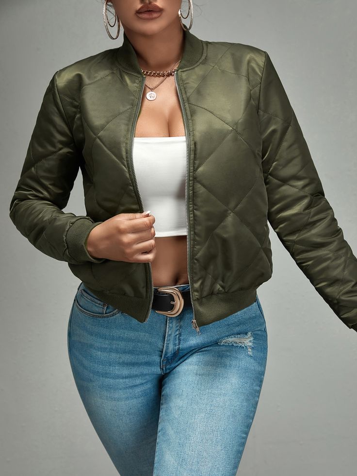 Army Green Casual Collar Long Sleeve Polyester Plain Bomber Embellished Non-Stretch Winter Women Outerwear Womens Jackets Casual, Warm Jacket, Womens Clothing Sizes, Padded Jacket, Quilted Jacket, Outfits Casuales, Casual Fall, Colorful Fashion, Outerwear Women