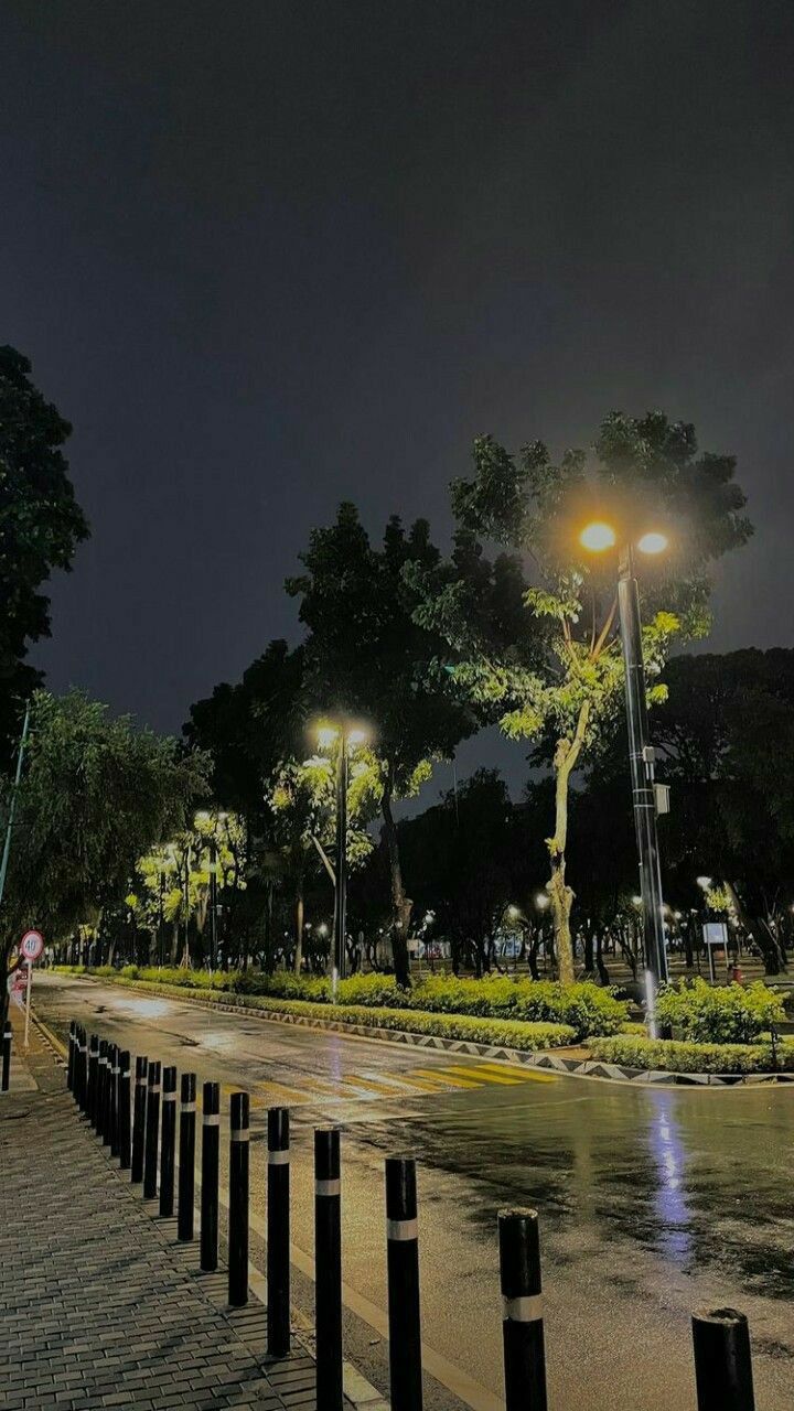 an empty street at night with some lights on and trees in the backround