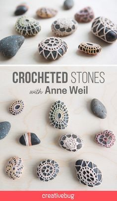 the cover of crocheted stones with an image of rocks and shells on them