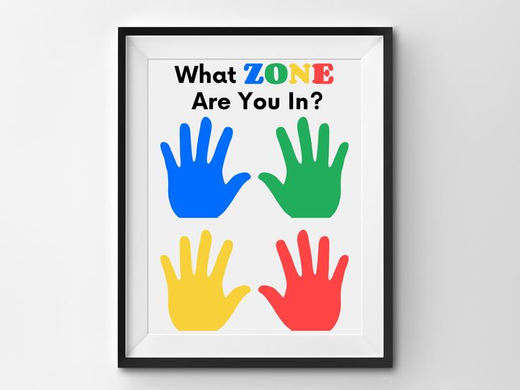 a framed poster with the words what zone are you in? and hand prints on it