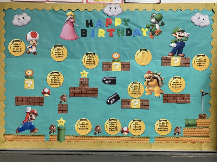 a birthday bulletin board with mario and luigi's characters on it, along with other decorations