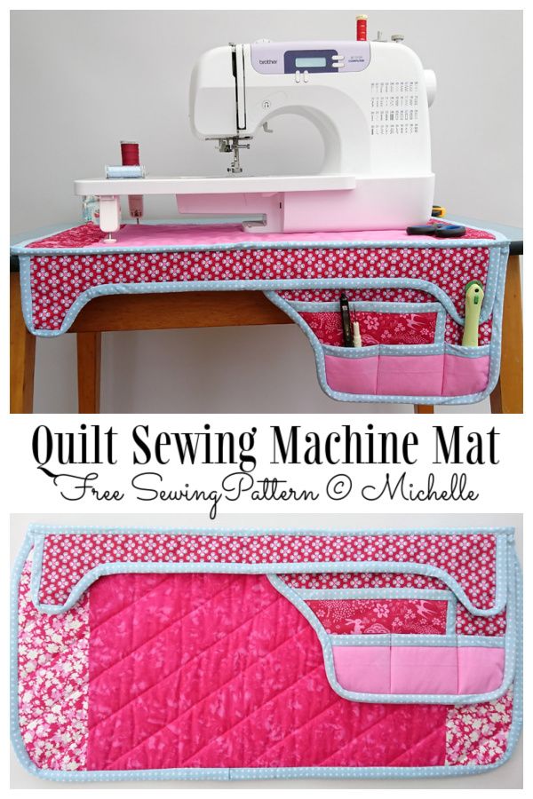 the sewing machine mat is sitting on top of a table with pink and white material