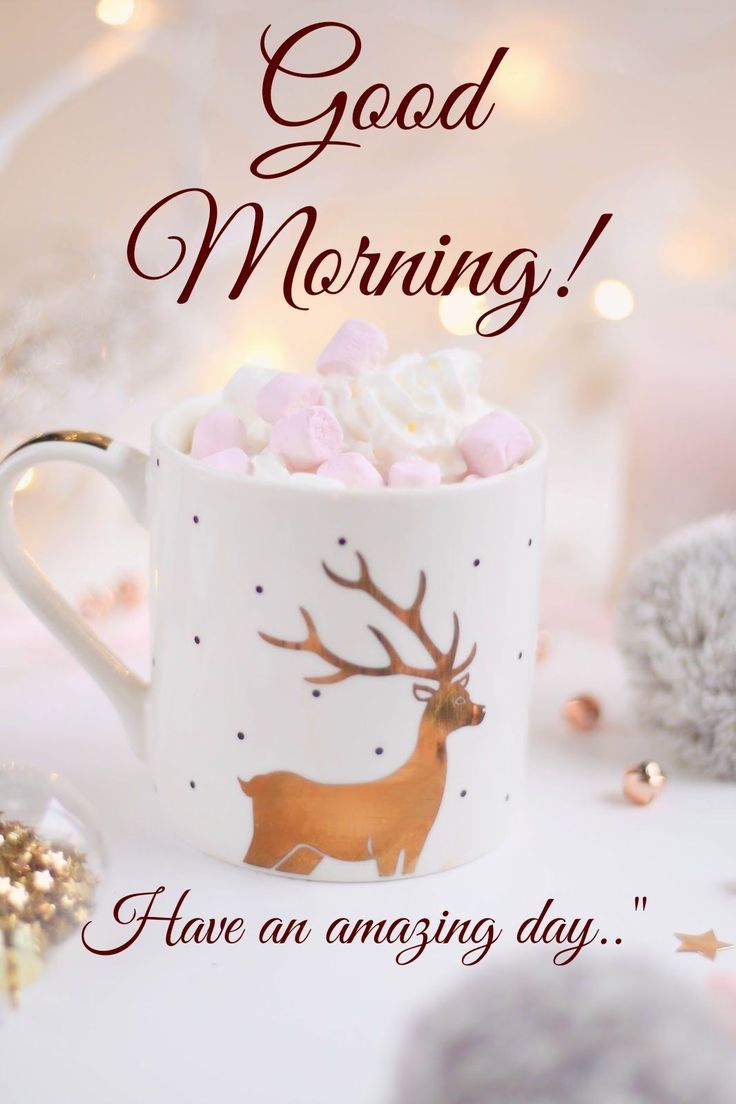 a coffee cup with marshmallows in it and the words good morning have an amazing day