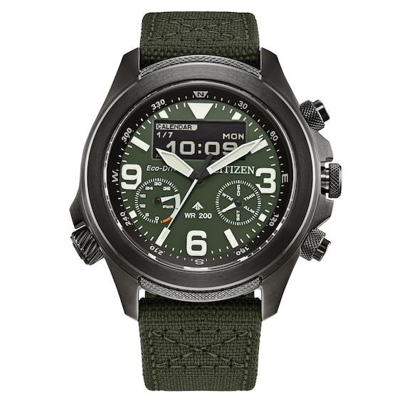 Be ready for the field with the latest adventure-ready timepiece from Citizen’s Promaster Land series. 43.9mm grey-tone stainless steel case On the dial, luminous hands and markers stand against a forest-green background with a digital-analog display Includes a world time, chronograph, alarm, light level indicator, perpetual calendar, power save mode, charge level display and summertime mode The inner ring can be rotated to use the watch as a compass Sustainably powered by any light with proprie Green Watch, Jewelry Staples, Jared The Galleria Of Jewelry, Citizen Watch, Citizen Eco, Save Power, Perpetual Calendar, Eco Drive, Timeless Treasures