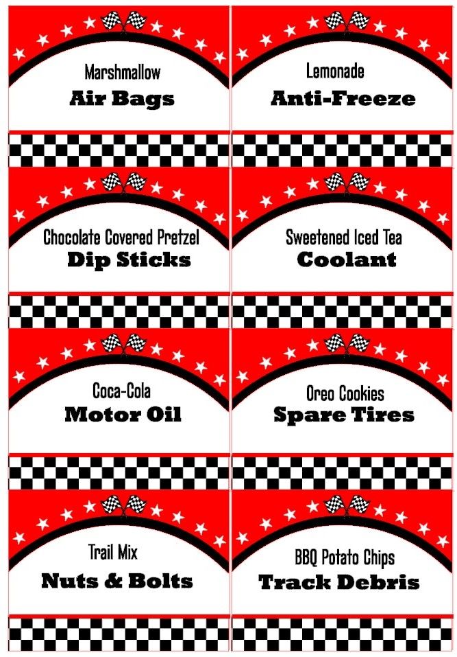 six different labels for hot dogs with stars and checkered design on the side, each one