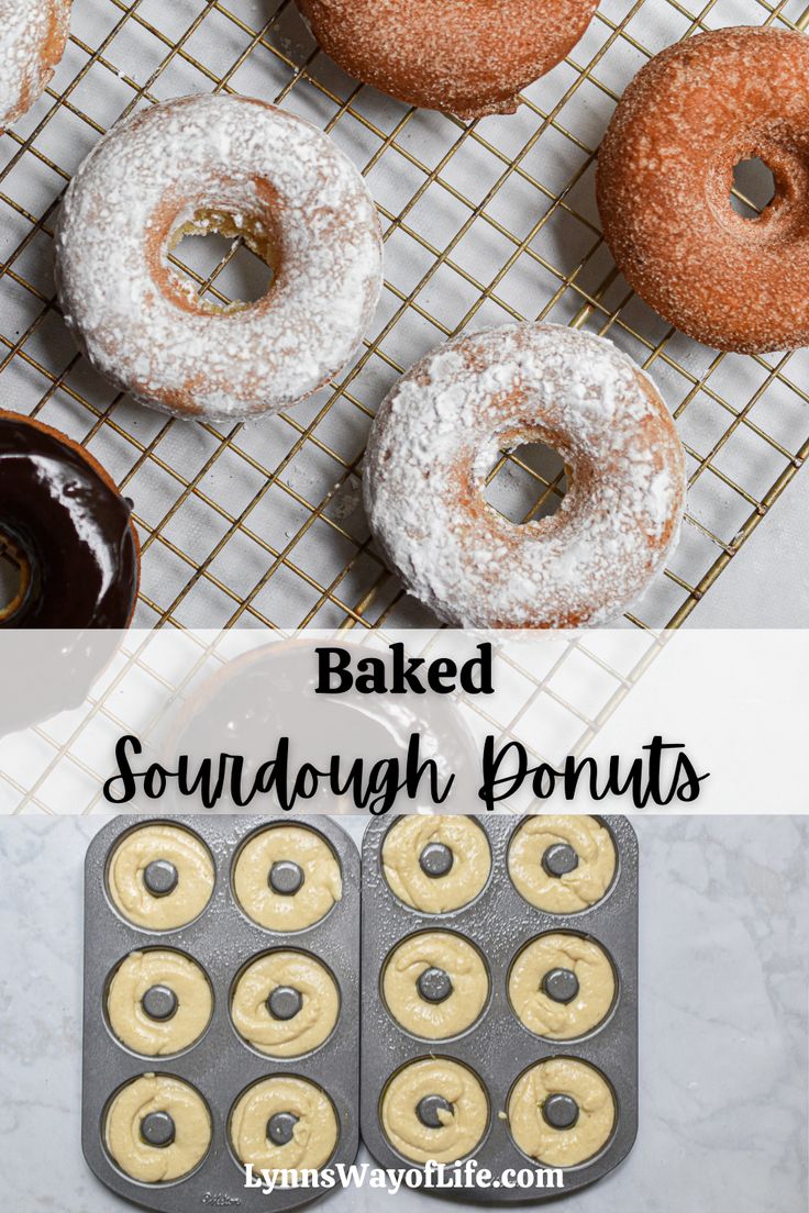 doughnuts cooling on a rack with the words easy baked sourdough donuts