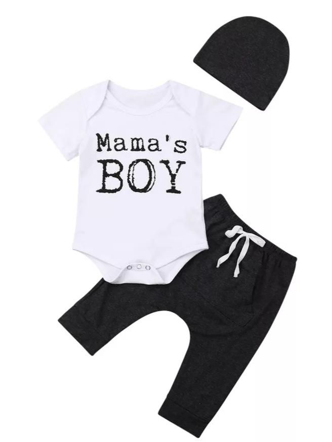 He's the cutest mama's boy in this outfit. This set is perfect for newborn pictures or bringing baby home. Fits true to size. Order up for growth. Made of soft cotton material. Set includes onesie, bottoms, and hat. Fitted Cotton Sets For Coming Home, Cotton Fitted Coming Home Outfit Sets, White Cotton Coming Home Outfit Sets, Fitted Cotton Sets With Letter Print, Family Matching Cotton Sets With Letter Print, Newborn Onesies Boy, Infant Boy Clothes, Boy Onsies, Bringing Baby Home