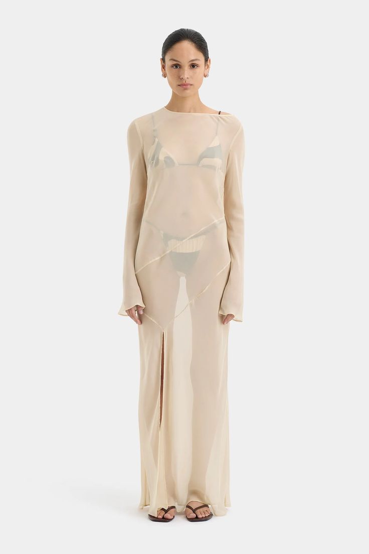 Strobe Long Sleeve Dress – SIR. Sheer Silk Long Sleeve Dress, Sheer Long Daywear Dresses, Long Sheer Dress For Daywear, Silk Chiffon Maxi Dress With Sheer Sleeves, Daywear Silk Chiffon Maxi Dress, Silk Long Sleeve Dresses With Side Slits, Silk Chiffon Long Sleeve Maxi Dress For Evening, Fitted Long Sleeve Silk Chiffon Maxi Dress, Silk Maxi Dress With Sheer Sleeves