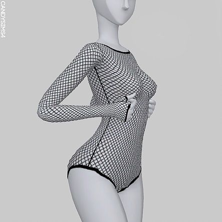 a female mannequin wearing a black and white bodysuit with fishnet on it