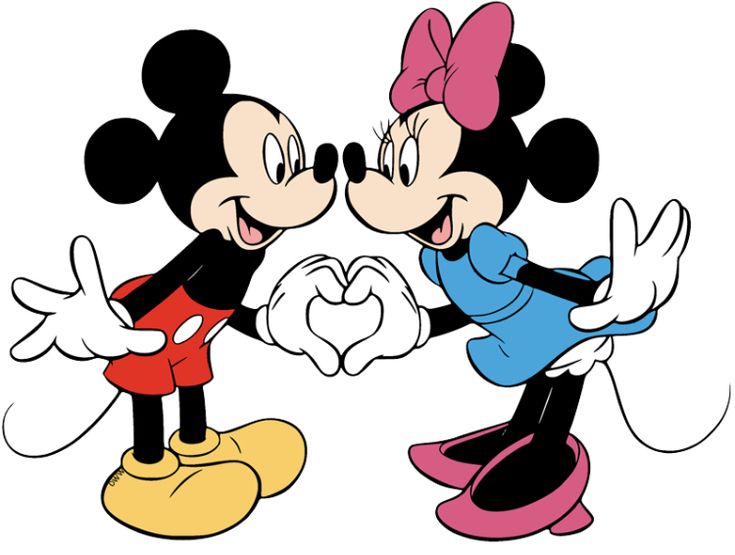 two cartoon mickey and minnie mouses giving each other a heart shape with their hands