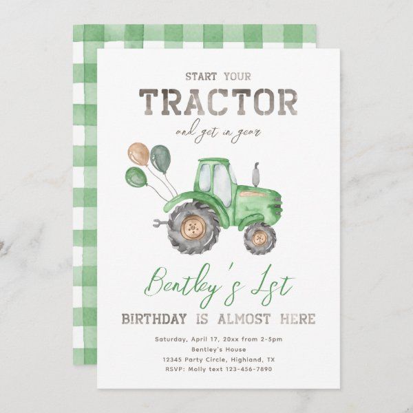 a green tractor birthday party card with the words,'start your tractor and get to see baby's 1st birthday is almost here