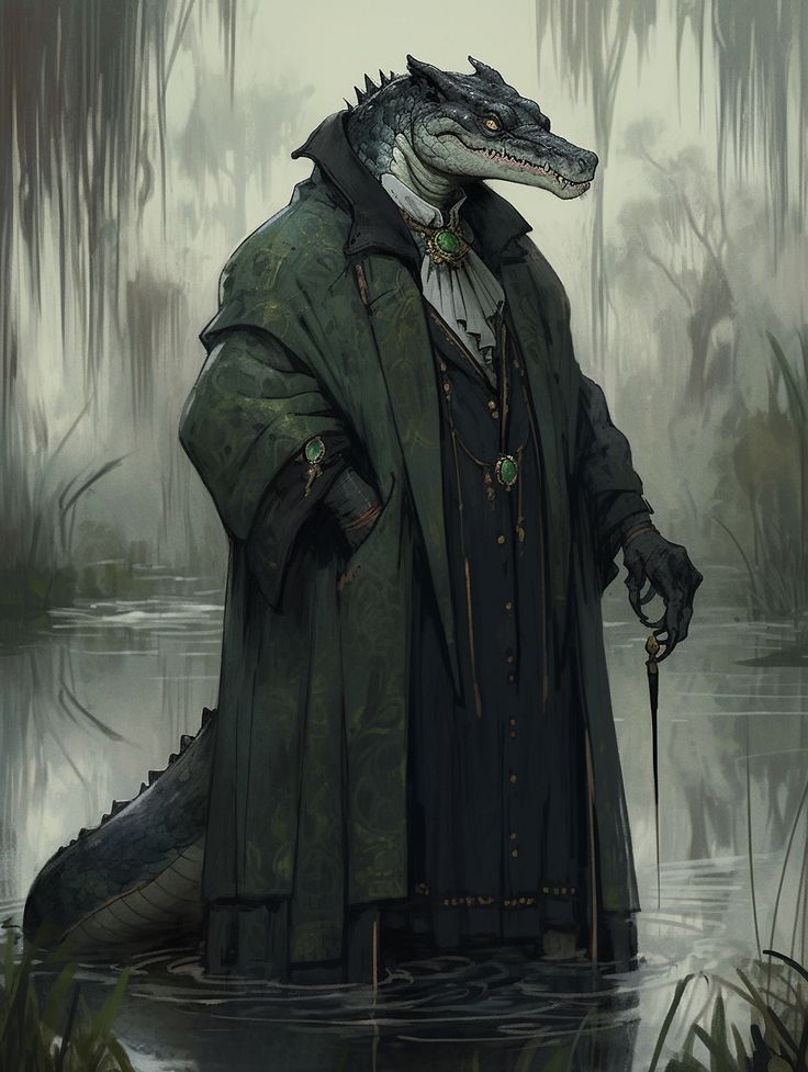 a man in a green coat and hat with a alligator on his shoulder standing in water