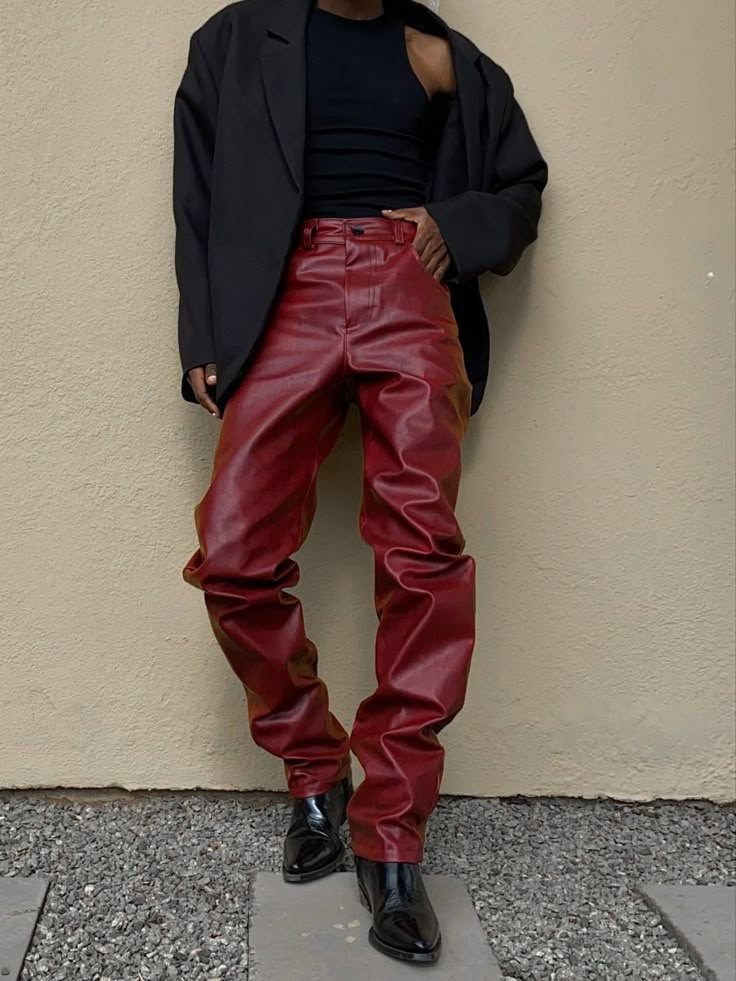 Casino Royale Mens Outfit, Red Leather Pants Outfit Men, Fancy Leather Pants Outfit, Men’s Club Outfits, Queer Night Outfit, Red Pants Outfit Men, Clubbing Outfit Men, Club Fashion Men, Men Night Out Outfit Clubwear