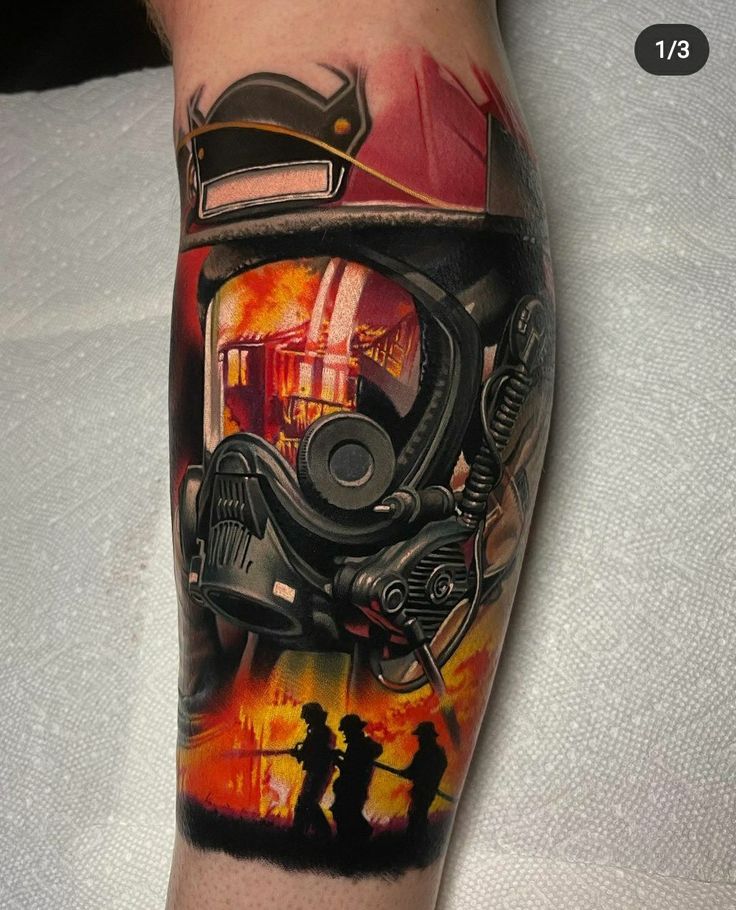 a man with a tattoo on his arm that has an image of a motorcycle and fire