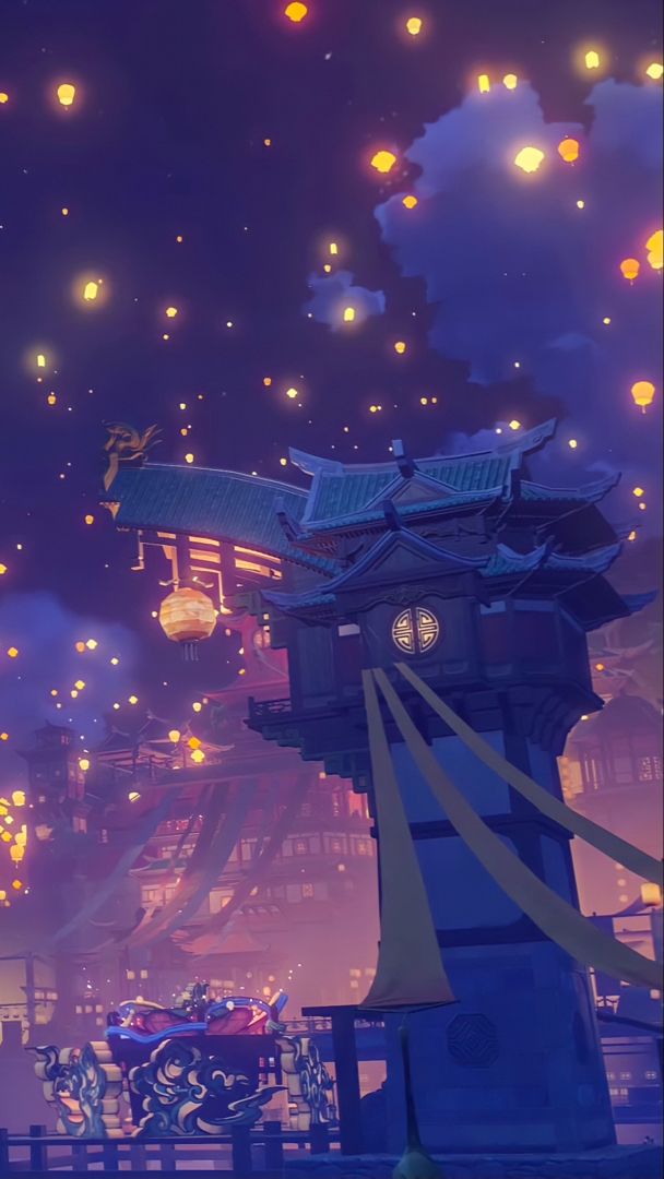 an animated scene with many lanterns floating in the sky and people standing on a platform