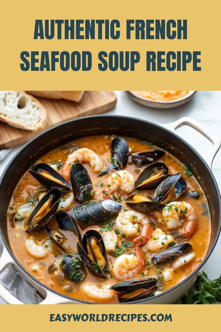 seafood soup with shrimp and mussels in a skillet