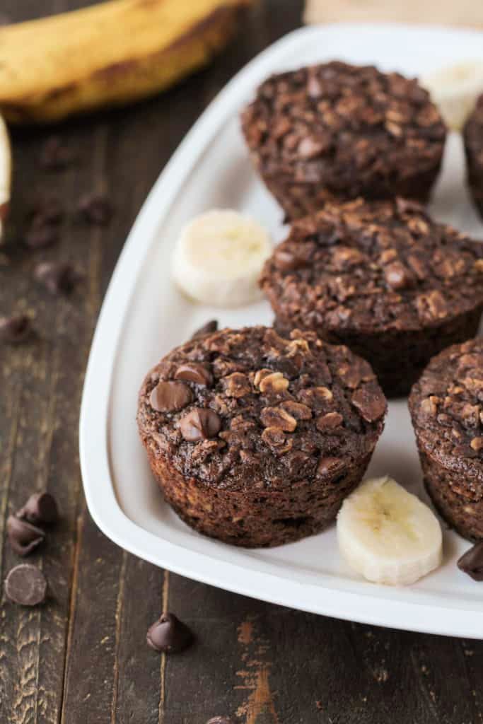 chocolate muffins with bananas on a plate