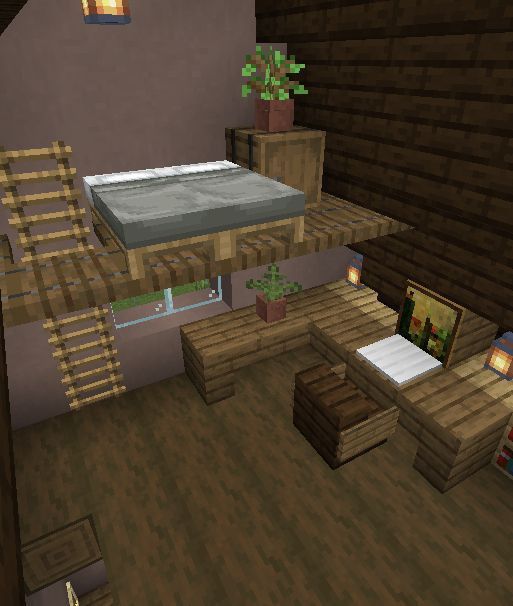 a bedroom in the minecraft style with wooden furniture