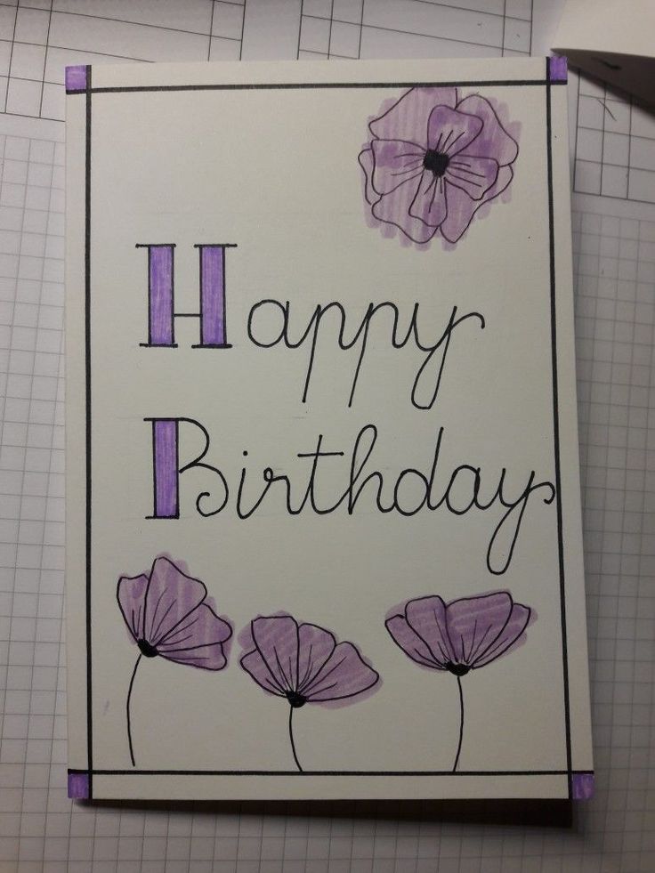 a happy birthday card with purple flowers on it