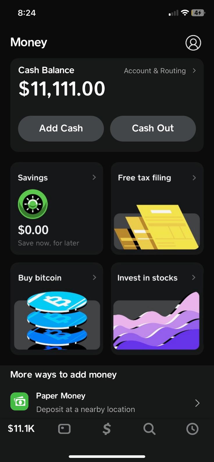 an iphone screen showing the cash app on it's display, with different types of money