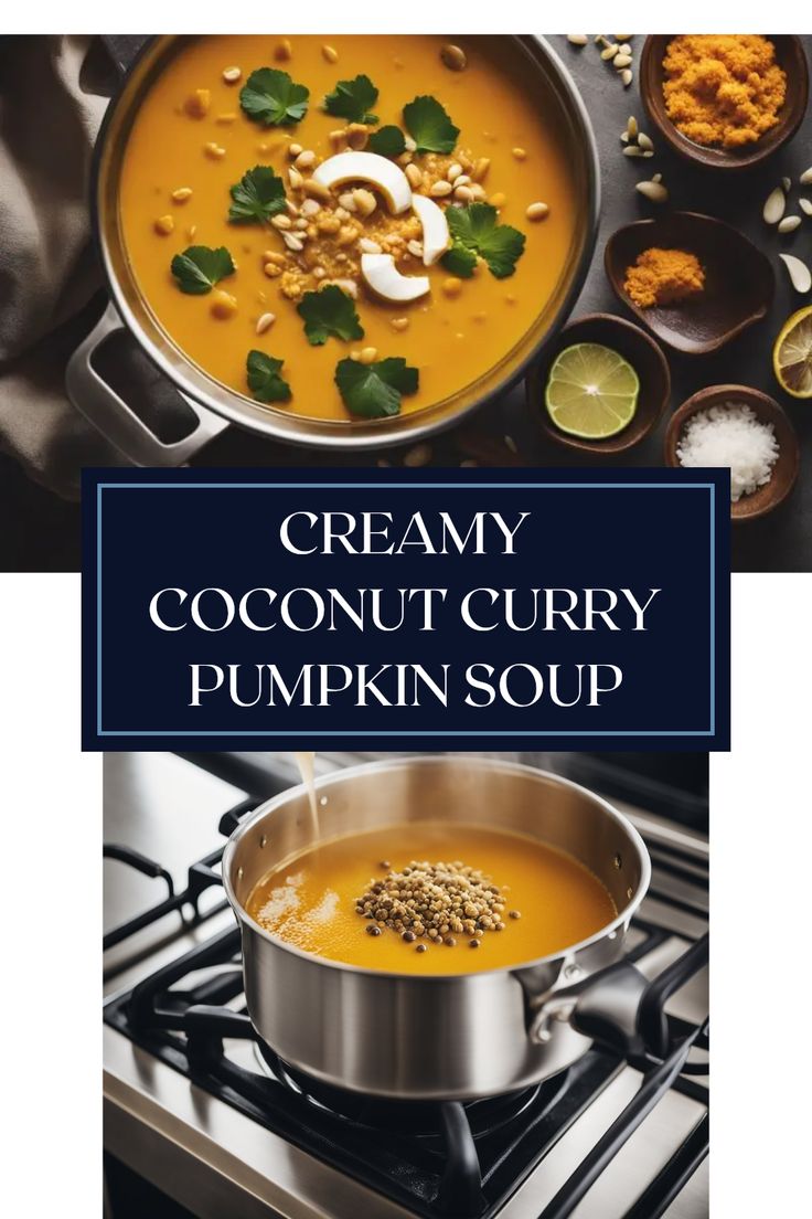 creamy coconut curry pumpkin soup in a pan on top of an oven with ingredients around it