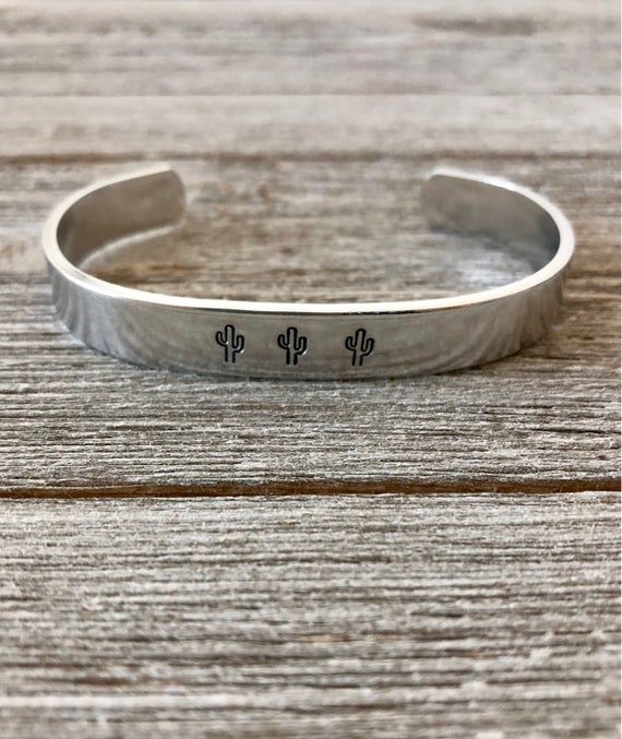 Cactus bracelet-aluminum cuff Casual Stainless Steel Bracelets For Gift, Casual Silver Bangle Cuff Bracelet, Casual Stainless Steel Bracelets As Gift, Casual Stainless Steel Bracelet As Gift, Simple Adjustable Hand Stamped Jewelry, Casual Silver Bracelets As Gifts, Adjustable Silver Friendship Cuff Bracelet, Adjustable Casual Cuff Bracelet, Casual Adjustable Cuff Bracelet