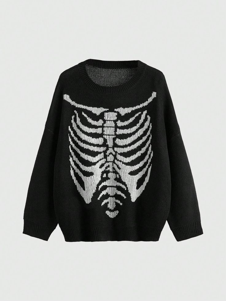 Skeleton Pattern Drop Shoulder Sweater,Long Sleeve Tops Black Casual  Long Sleeve Fabric Halloween Pullovers High Stretch Spring/Fall Women Clothing, size features are:Bust: ,Length: ,Sleeve Length: Goth Skeleton, Fun Beauty Products, Skeleton Pattern, Clown Clothes, Skeleton Sweatshirt, Casual Halloween, Long Sleeve Pullover Sweater, Drop Shoulder Sweaters, Kawaii Clothes