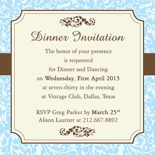 a blue and brown dinner party card with an ornate frame on the front of it