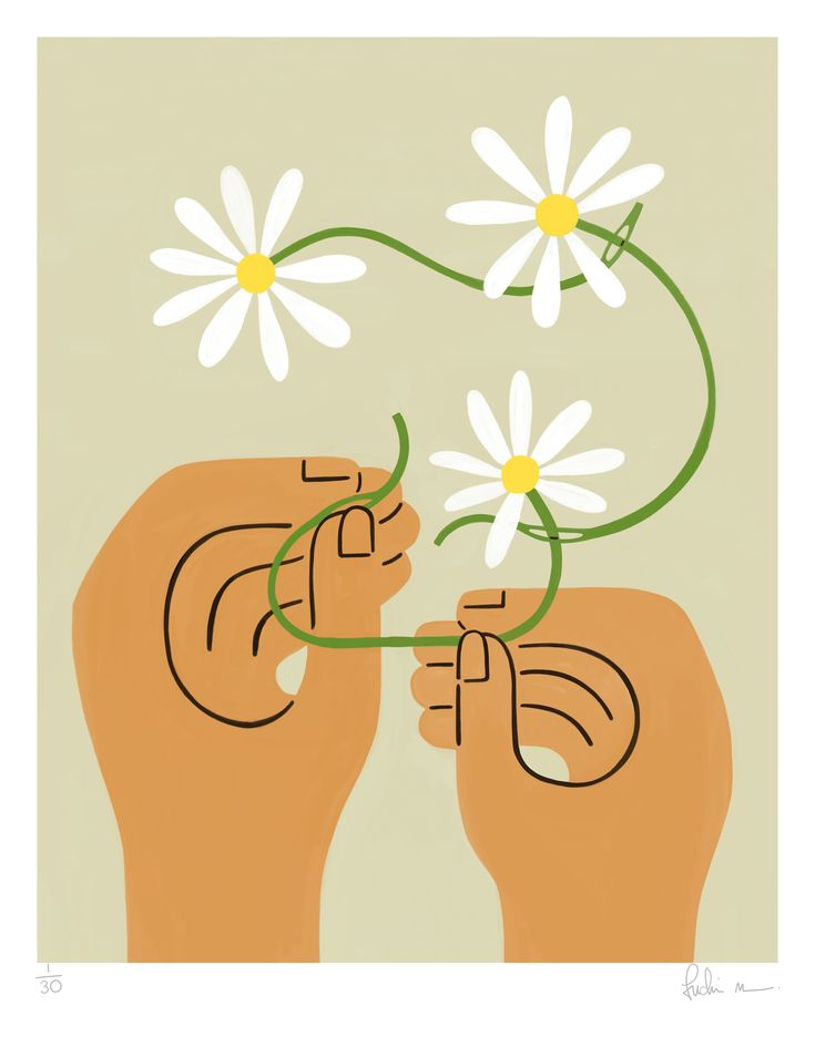 a drawing of two hands holding daisies in front of each other with one hand