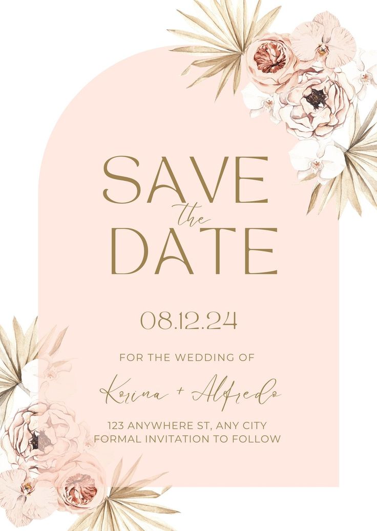 save the date card with pink flowers and palm leaves on it, in gold foil