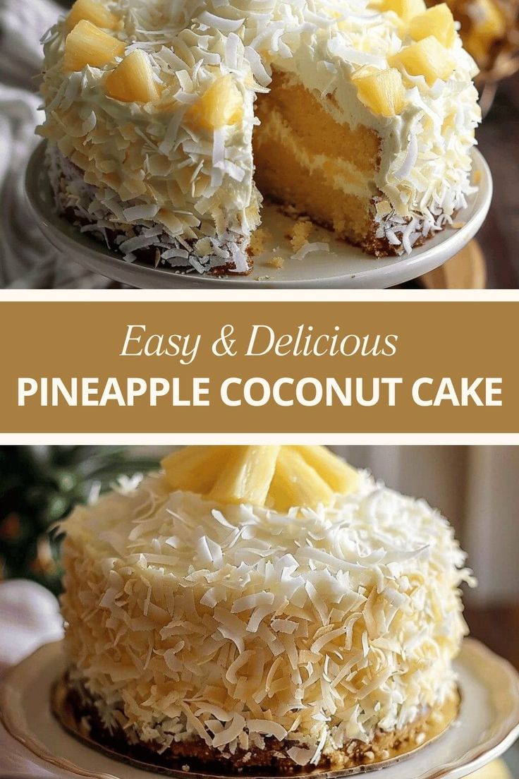 pineapple coconut cake on a plate with one slice cut out