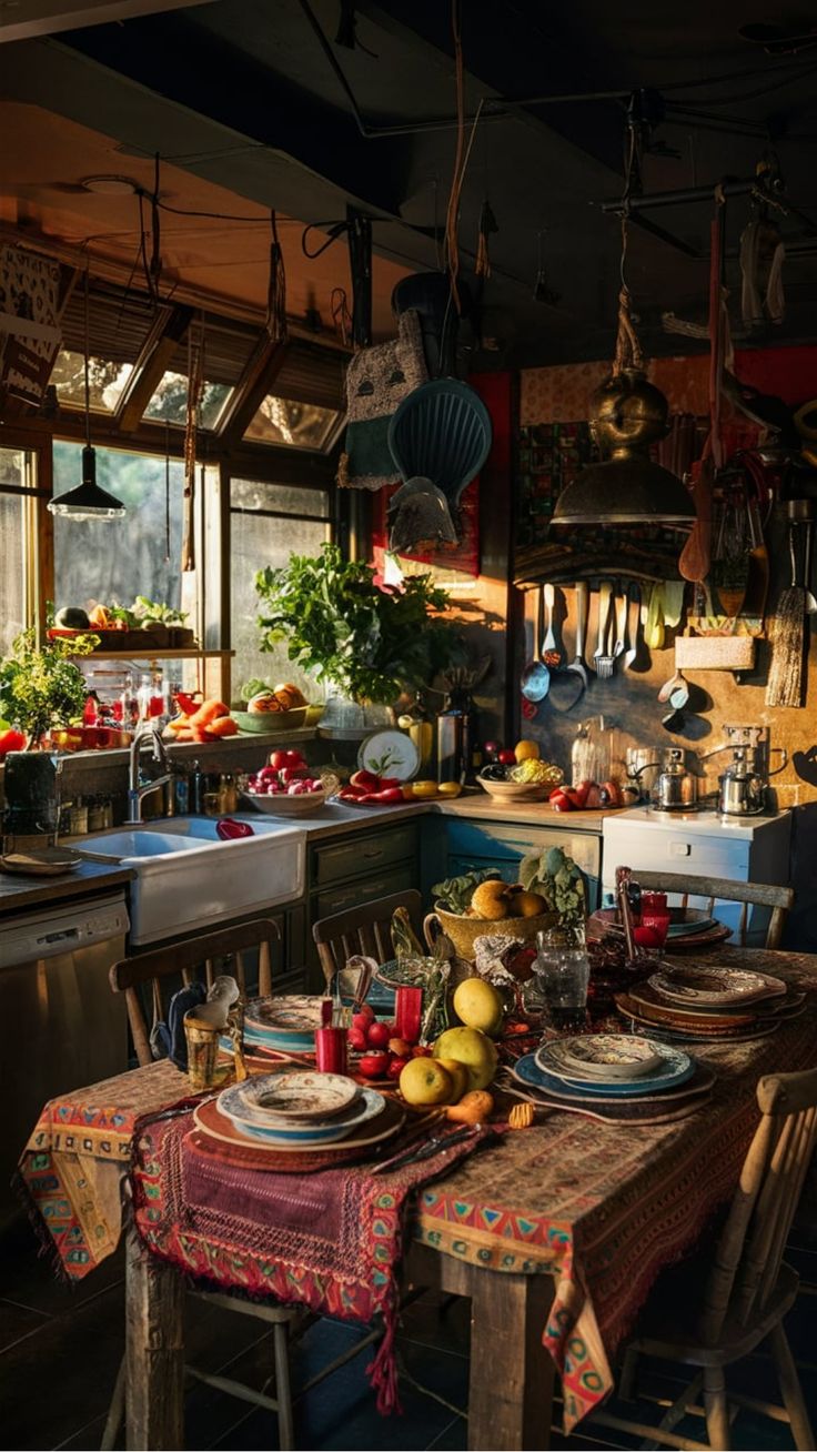 a kitchen filled with lots of clutter next to a table covered in plates and bowls