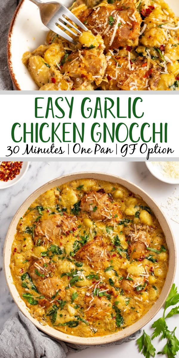 easy garlic chicken gnocchi with spinach and parmesan cheese on top