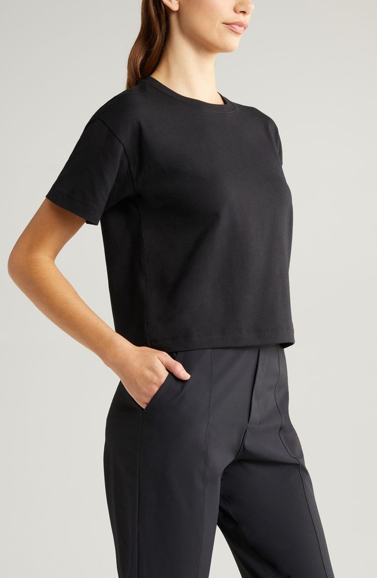 Work up a sweat in this crewneck T-shirt cut with a boxy fit from a lightweight blend that will help keep you cool no matter what you do. 22 1/2" length (size Medium) Crewneck Short sleeves 47% pima cotton, 47% Tencel® modal, 6% spandex Tencel modal is a sustainably produced fiber made with closed-loop processing and is certified with the EU Ecolabel as having a low environmental impact throughout the entire lifecycle Machine wash, dry flat Made in Peru T Shirt Cut, Romantic Dress, Loungewear Shorts, Designer Clothes For Men, Cut Tshirt, Environmental Impact, Cut Shirts, Comfortable Dress, Autumn Fashion Women