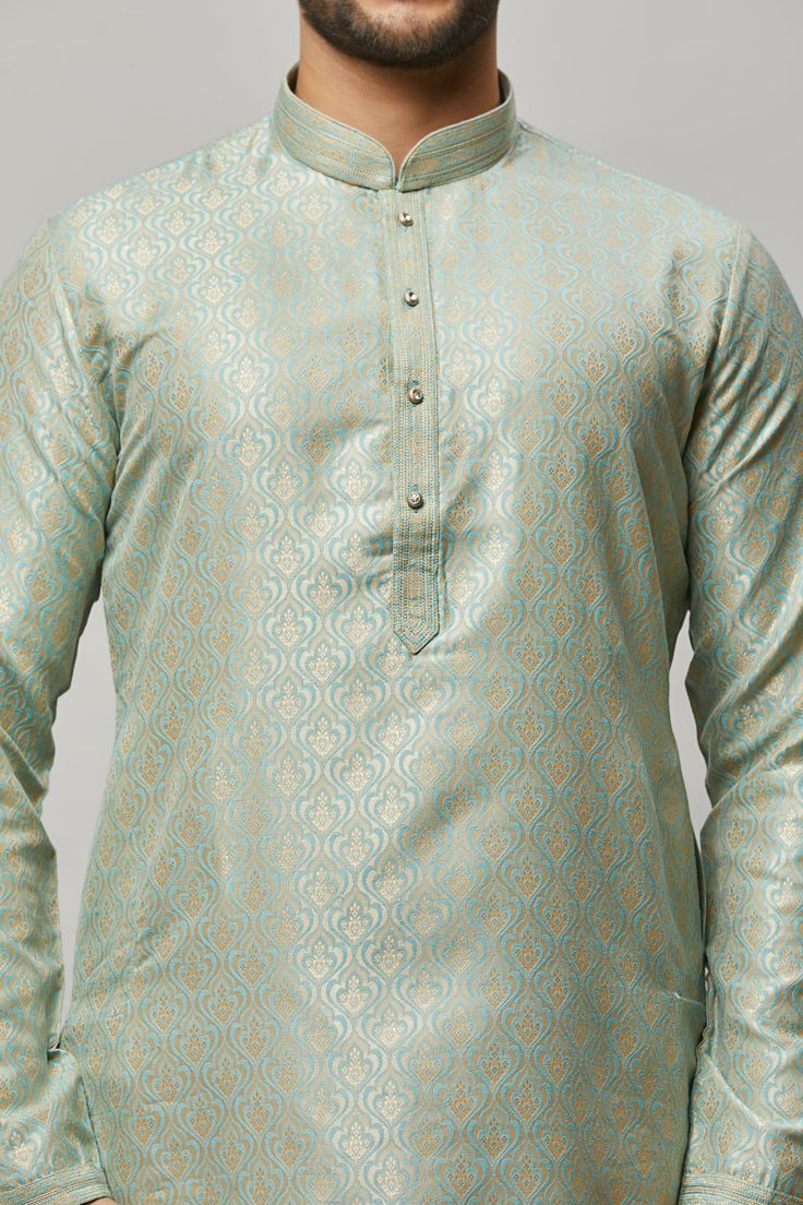 Brocade Kurta with gold embossing & placket plus gold churidar Crafted with a collar neckline, full sleeves, and front button closure. Occasion: Can be worn to lighter events like Sangeet, Mehendi, Puja, or a small party WASH CARE INSTRUCTIONS - Please Dry clean only when it is applicable. Slight color variation is possible due to digital photography. Churidar, Full Sleeve, Digital Photography, Color Variations, Pajamas, Collar, Mens Tshirts, Mens Tops, Color