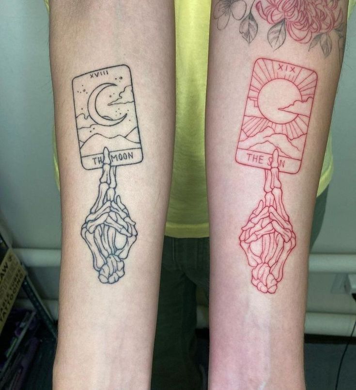 two people with matching tattoos on their arms