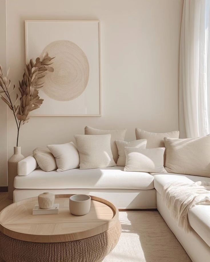 a living room filled with white furniture and pillows