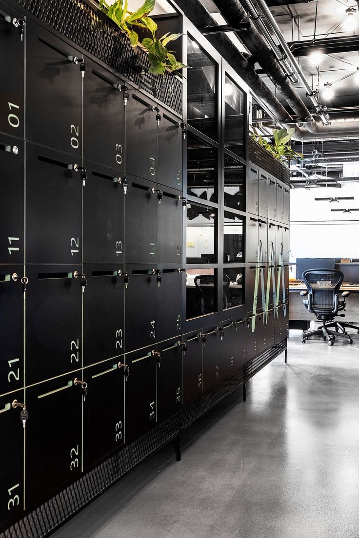 an office with black lockers and plants