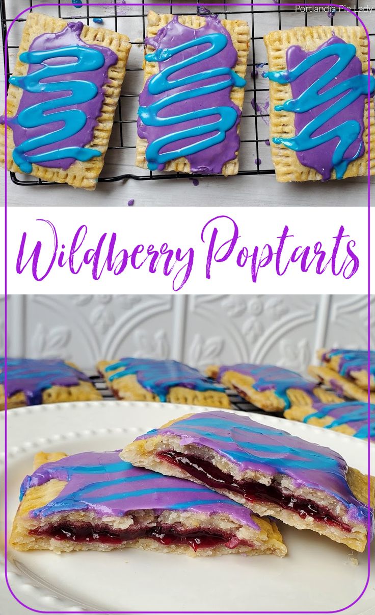 blueberry pop tarts on a white plate with purple and blue icing in the middle