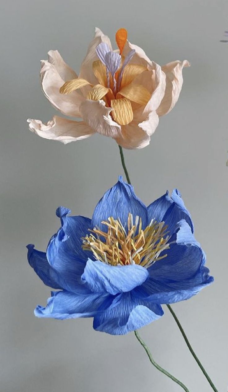 three different colored flowers in a vase