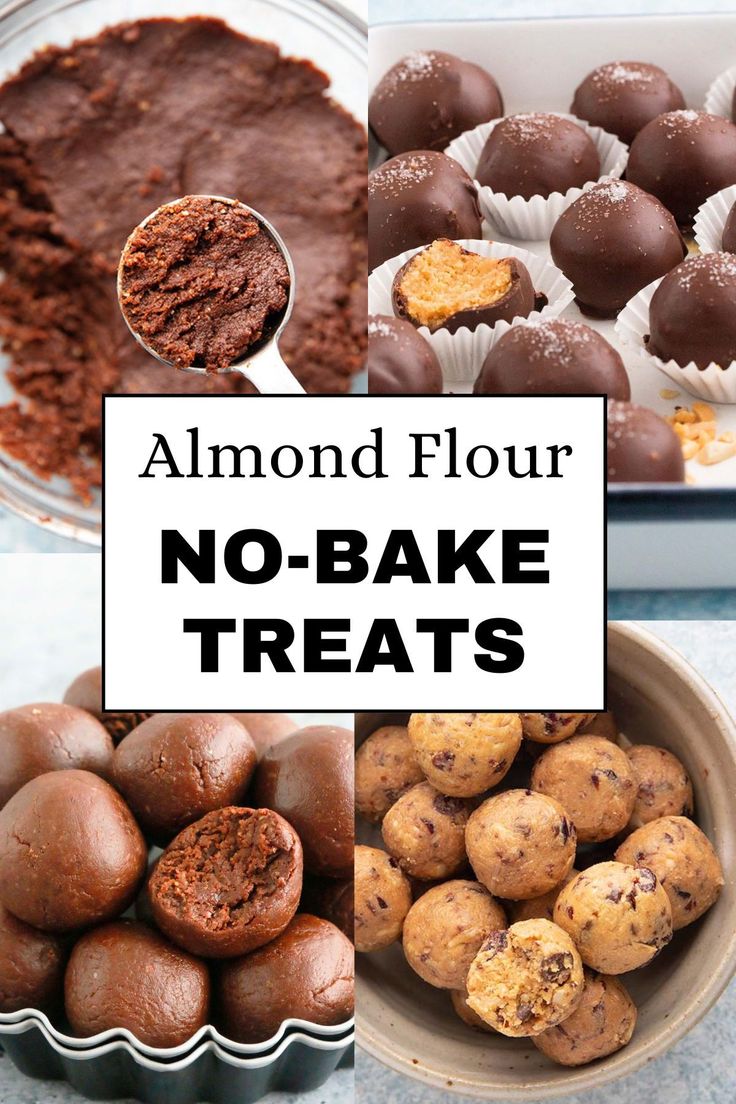 there are different types of chocolate treats in this collage with the words almond flour no - bake treats