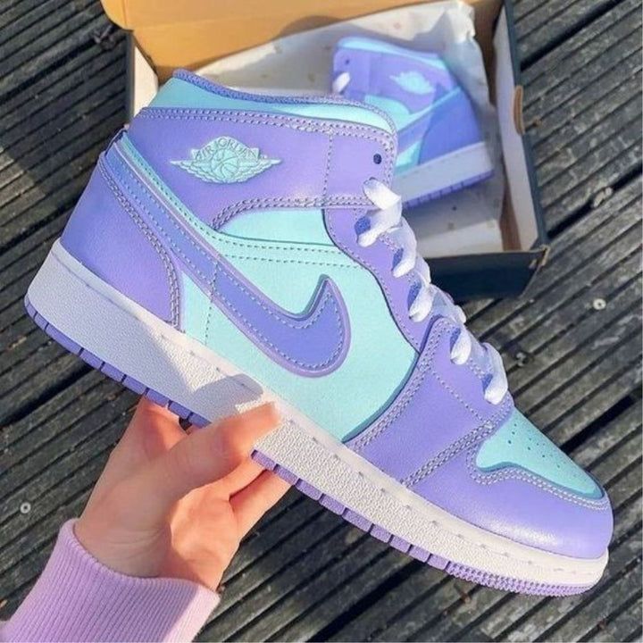 Purple Blue Custom Air Jordan 1 – XX CUSTOM Trendy Purple High-top Sneakers With Round Toe, Lavender High-top Sneakers For Streetwear, Lavender Round Toe Sneakers For Streetwear, Purple High-top Basketball Shoes For Streetwear, Trendy Blue High-top Sneakers For Sports, Purple High-top Sneakers For Streetwear, Purple High-top Sneakers For Sports, Modern Purple Sneakers With Round Toe, Purple Custom Sneakers With Translucent Outsole For Sports