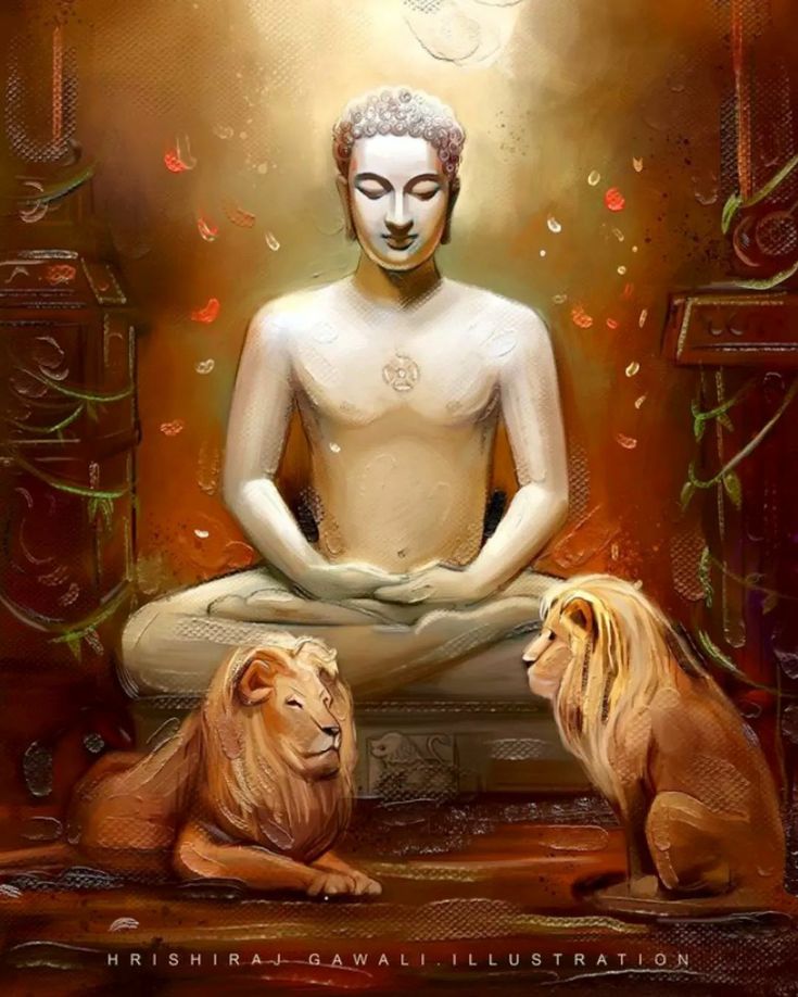 a painting of a man meditating with two lions