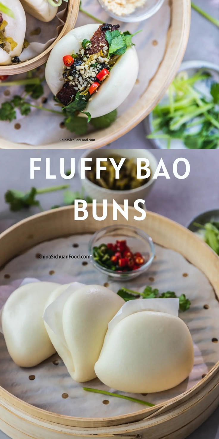 three different types of dumplings are shown in this collage with the words fluffybao buns above them