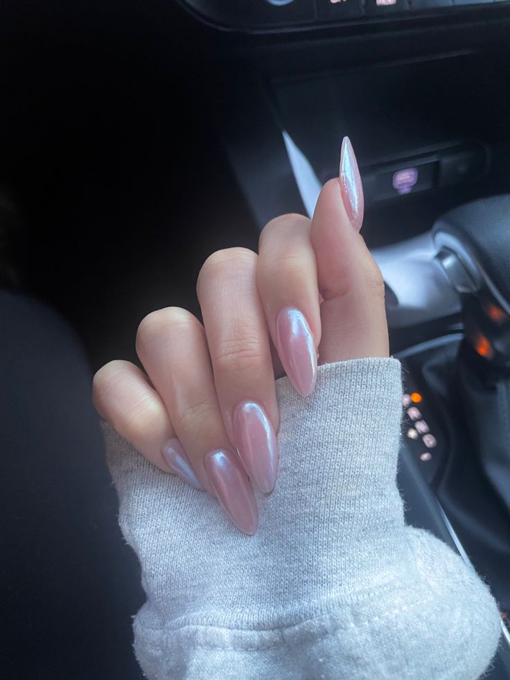 Pink And White Crome Nails, Alomd Nails Ideas Chrome, Chrome Nails Almond Pink, Milky White Pink Chrome Nails, Milky White Nails With Pink Heart, White Pink Almond Nails, Long Chrome Almond Nails, Long White Chrome Nails, Natural Crome Nails