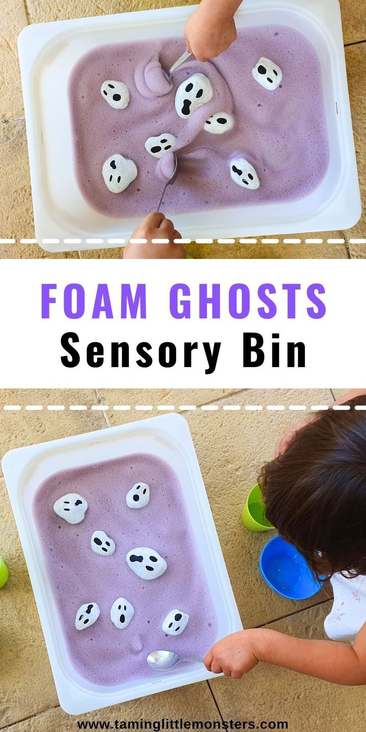 this is an easy and fun activity for toddlers to play with foam ghosty bins