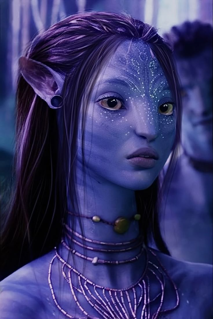 an image of a woman with blue skin and purple hair, wearing silver necklaces